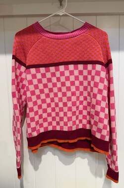 Foil Checkered Knit Sweater Pink Orange Size M